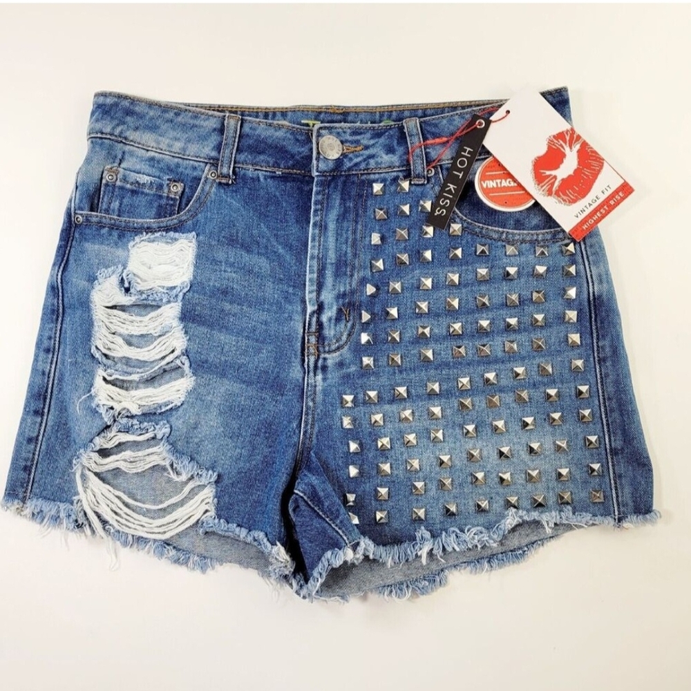 Hot Kiss Blue Jean Shorts with Distressed and Studded Design